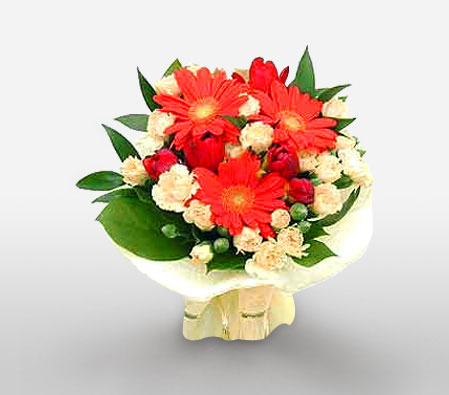 Charmer - Gerberas and Roses Bouquet-Green,Orange,Daisy,Gerbera,Rose,Bouquet