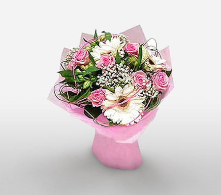 Pink Pearls-Pink,White,Daisy,Gerbera,Rose,Bouquet