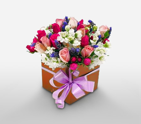 Fragrant Box - Anniversary Flowers-Mixed,Pink,Red,White,Rose,Mixed Flower,Freesia,Arrangement