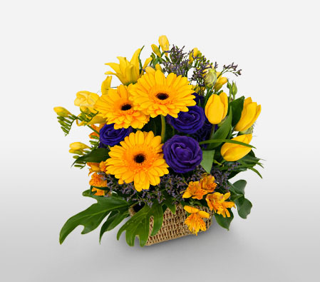 Glowing Blooms-Yellow,Lily,Gerbera,Arrangement,Basket