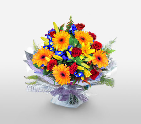 Golden Glory-Mixed,Orange,Red,Yellow,Gerbera,Lily,Rose,Bouquet