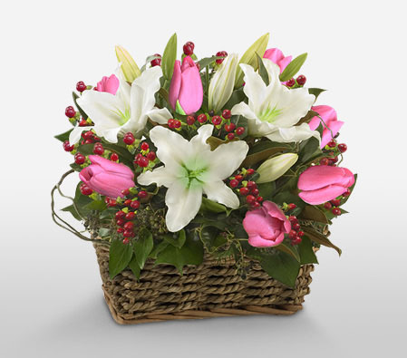 Magic Of Beauty-Pink,White,Lily,Tulip,Basket