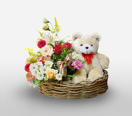 Flowers And Teddy In Basket-Mixed,Mixed Flower,Teddy,Basket,Hamper