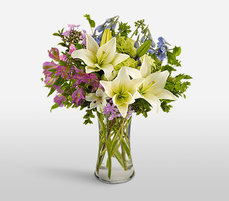 Heavenly Blooms-Blue,Green,Mixed,Purple,White,Carnation,Lily,Mixed Flower,Arrangement,Bouquet