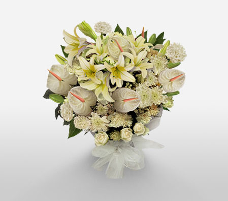 Glistening White-White,Anthuriums,Carnation,Chrysanthemum,Lily,Mixed Flower,Bouquet