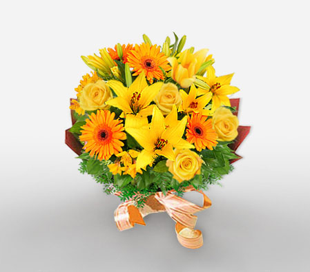 Happy Moments-Mixed,Orange,Yellow,Gerbera,Lily,Mixed Flower,Rose,Bouquet
