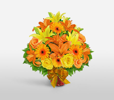 Serene Glory-Mixed,Orange,Yellow,Gerbera,Lily,Mixed Flower,Rose,Bouquet