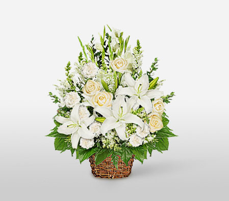White Springs-White,Carnation,Lily,Mixed Flower,Rose,Arrangement,Basket