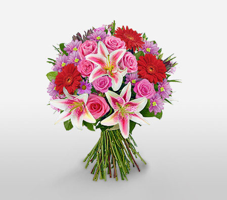 Oriental Dreams-Mixed,Pink,Purple,Chrysanthemum,Gerbera,Lily,Mixed Flower,Rose,Bouquet