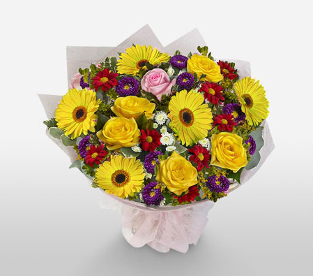 Round And Beautiful-Mixed,Purple,Red,Yellow,Mixed Flower,Bouquet