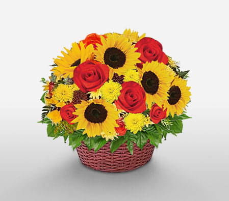 Sunkissed Blooms-Mixed,Red,Yellow,Arrangement,Basket