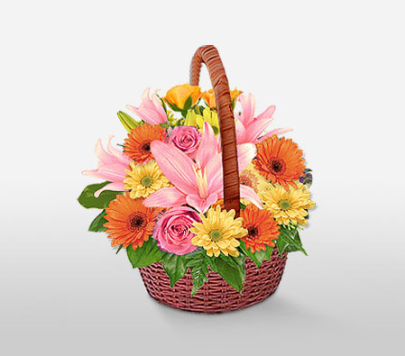 Valentines Surprise-Mixed,Orange,Pink,Yellow,Mixed Flower,Lily,Gerbera,Rose,Arrangement,Basket