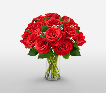 Love Medley - Dozen Roses in Vase-Red,Rose,Arrangement