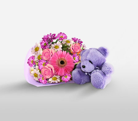 Gerberas N Roses With Teddy-Blue,Pink,Daisy,Gerbera,Mixed Flower,Rose,Teddy,Bouquet,Hamper