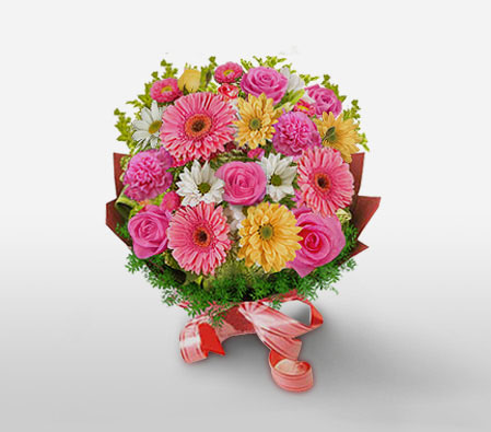 Natures Finest Mixed Flowers-Pink,White,Yellow,Carnation,Daisy,Gerbera,Rose,Bouquet