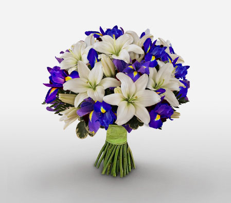 Wild At Heart - Iris & Lilies-Blue,White,Iris,Lily,Bouquet
