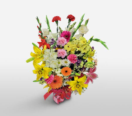 Deluxe Seasonal Bouquet-Mixed,Orange,Pink,White,Yellow,Mixed Flower,Lily,Gerbera,Daisy,Bouquet