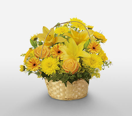 Baltic Blooms-Yellow,Rose,Mixed Flower,Lily,Gerbera,Daisy,Carnation,Basket