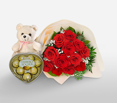 Dozen Red Roses-Red,Chocolate,Rose,Teddy,Bouquet,Hamper