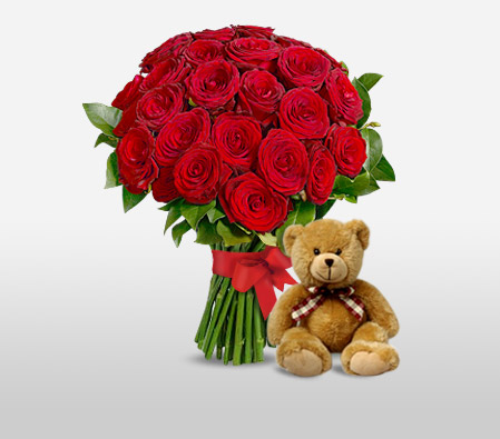 Hugs N Kisses-Red,Rose,Teddy,Bouquet,Hamper