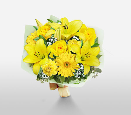 Sunshine Bouquet-Yellow,Carnation,Gerbera,Lily,Mixed Flower,Rose,Bouquet