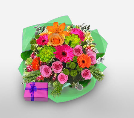 Cape Town Mxed Flowers-Green,Mixed,Orange,Pink,Daisy,Gerbera,Lily,Mixed Flower,Rose,Arrangement