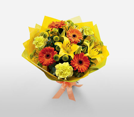Eternal Beauty-Mixed,Orange,Yellow,Carnation,Daisy,Gerbera,Lily,Mixed Flower,Bouquet