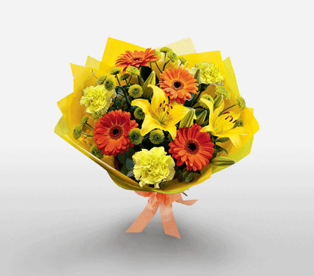 Garden Of Eden-Orange,Yellow,Carnation,Daisy,Gerbera,Lily,Mixed Flower,Bouquet