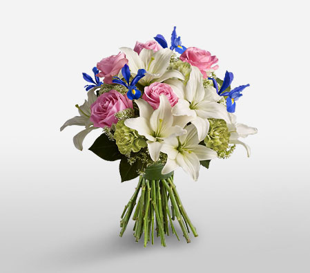 Strawberry Ice-Blue,Pink,White,Yellow,Carnation,Iris,Lily,Mixed Flower,Rose,Bouquet