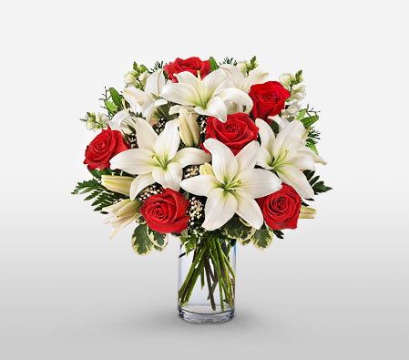 Stunning Beauty - Red Roses & White Lilies-Red,White,Lily,Rose,Arrangement