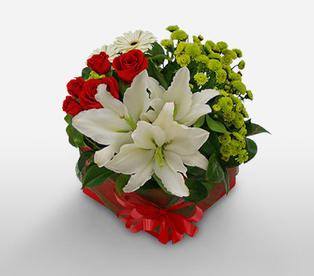 Bonito Flores-Green,Mixed,Red,White,Chrysanthemum,Lily,Mixed Flower,Rose,Arrangement
