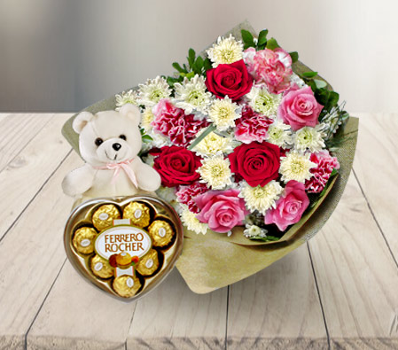 Birthday Combo-Pink,White,Carnation,Chocolate,Chrysanthemum,Mixed Flower,Rose,Teddy,Bouquet,Hamper