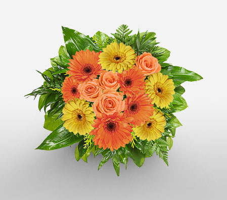 Boulevard Flames-Mixed,Orange,Yellow,Daisy,Gerbera,Mixed Flower,Rose,Bouquet