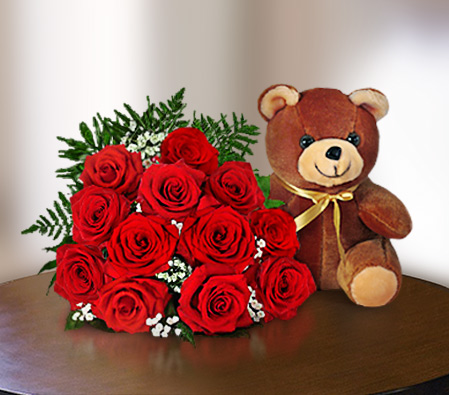 Roses With Warmth + Teddy --Red,Rose,Teddy,Arrangement