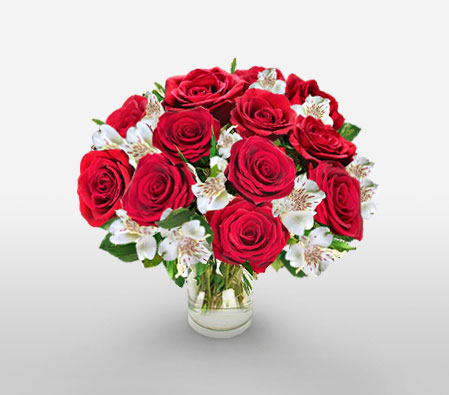 Memorable Moments-Mixed,Red,White,Alstroemeria,Mixed Flower,Rose,Arrangement