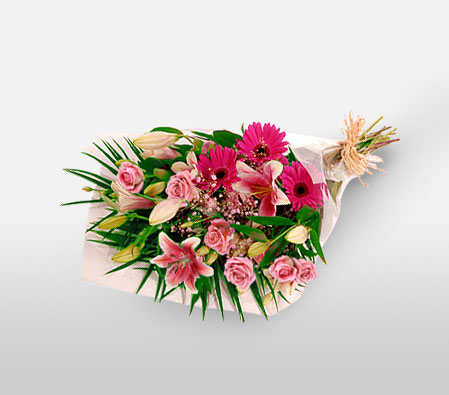Strawberry Field-Pink,Daisy,Gerbera,Lily,Mixed Flower,Rose,Bouquet