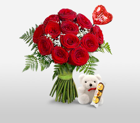 Love Is In The Air-Red,Chocolate,Rose,Teddy Bear,Bouquet