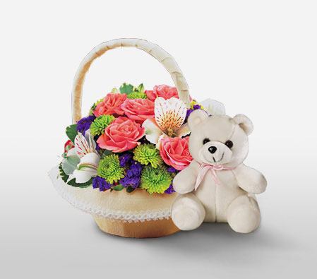Biggu Houyou-Green,Peach,Purple,Mixed Flower,Rose,Teddy,Arrangement,Basket