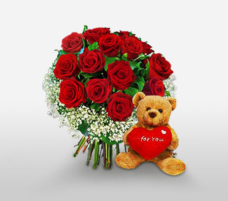 Warm Cuddles-Red,Rose,Teddy,Bouquet