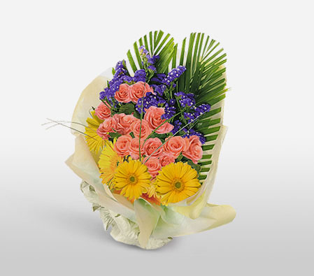 Radiant Rhapsody-Blue,Mixed,Orange,Yellow,Daisy,Gerbera,Mixed Flower,Rose,Bouquet