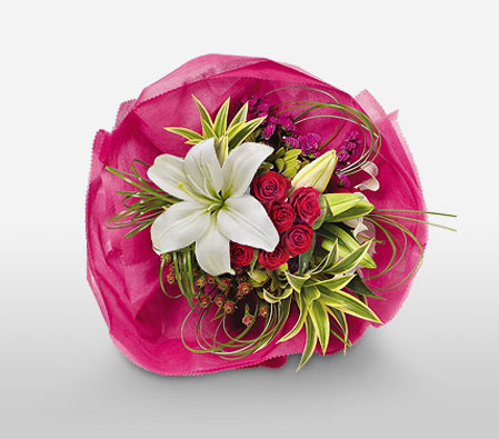 Duchess Of Blooms-Green,Mixed,Red,White,Lily,Mixed Flower,Rose,Bouquet