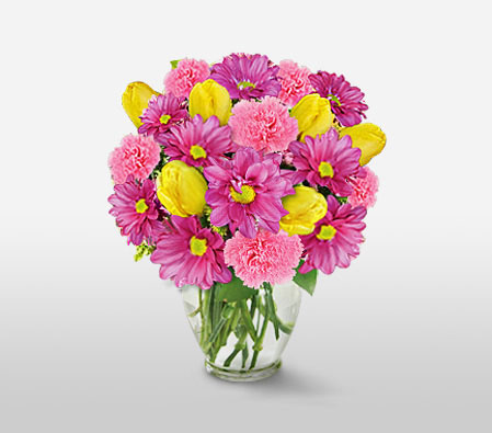 Warwick-Pink,Yellow,Carnation,Chrysanthemum,Mixed Flower,Tulip,Bouquet