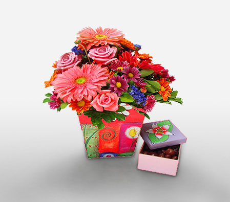Fiesta-Pink,Red,Chocolate,Chrysanthemum,Daisy,Gerbera,Mixed Flower,Rose,Arrangement,Hamper