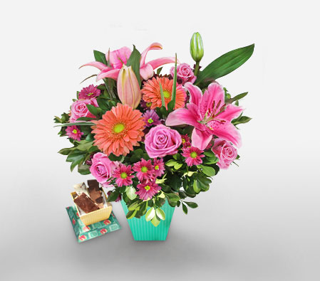 Gamay-Pink,Yellow,Carnation,Chocolate,Lily,Mixed Flower,Rose,Bouquet,Hamper
