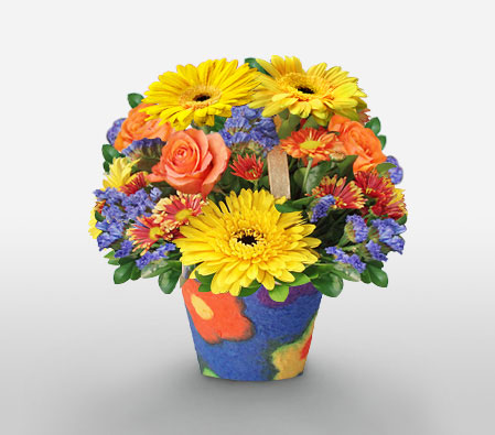 Panagbenga-Blue,Mixed,Peach,Yellow,Chrysanthemum,Daisy,Gerbera,Mixed Flower,Rose,Arrangement