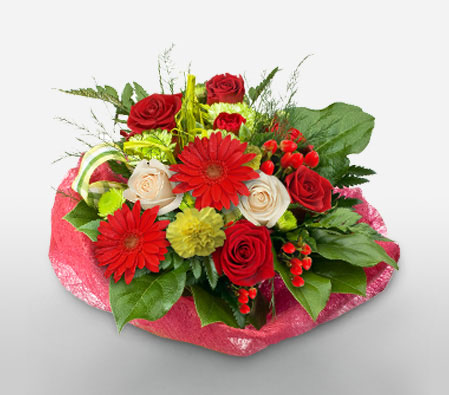 Christmas Wishes-Green,Mixed,Red,White,Carnation,Daisy,Gerbera,Mixed Flower,Rose,Bouquet