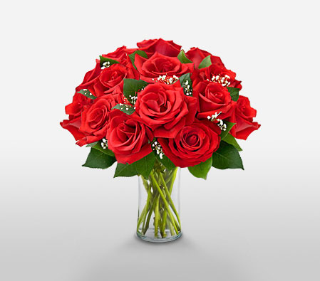 Dozen Roses In A Vase-Red,Rose,Bouquet