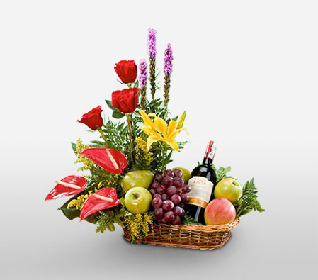 Flower, Fruit & Wine Basket-Fruit,Wine,Basket,Hamper