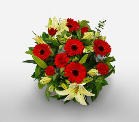 Many Blossoms-Red,White,Carnation,Gerbera,Lily,Mixed Flower,Bouquet