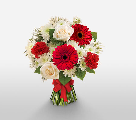 Christmas Wishes-Red,White,Chrysanthemum,Daisy,Gerbera,Mixed Flower,Rose,Bouquet